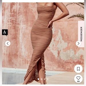 House of CB Tan Strapless Ruched Bodycon Dress